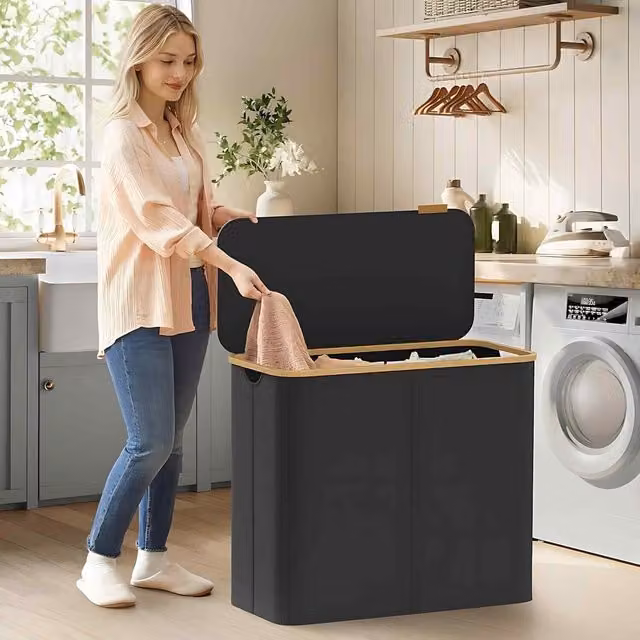 The Bazaarist 4 Compartment Laundry Hamper with Lid and Mesh Liners in Ink Black