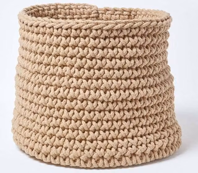 Homescapes Beige Cotton Knitted Round Storage Basket with Handles, W: 42 cm, H: 37 cm