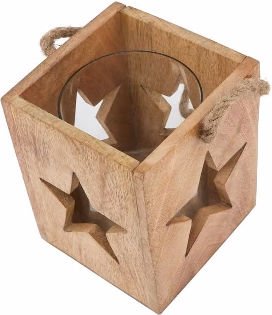 KDMK Rustic Star Wood Tealight Candle Holder, Brown, Height: 16 cm