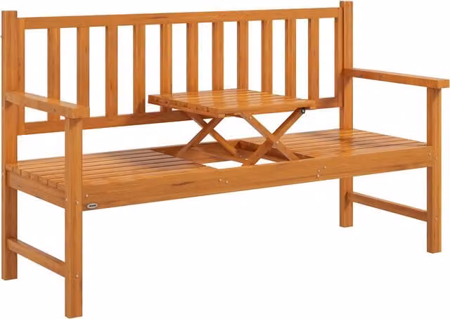 Outsunny Rustic Brown Wooden Garden Bench with Liftable Middle Table and Armrests