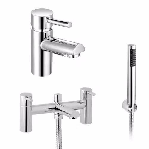 Nes Home Chrome Round Bridge Deck Mounted Bath Shower Mixer with Handset and Basin Single Lever Mixer Tap Set in Silver