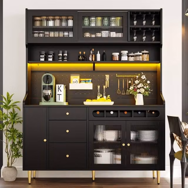 Merax Modern Black Kitchen Dresser with LED Lighting, Glass Doors and Wine Rack, H: 171 cm, W: 39 cm, D: 145 cm