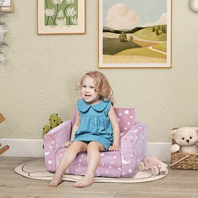 AIYAPLAY 2 in 1 Kids Pink Tub Chair with Glow in the Dark Stars and Moon Design