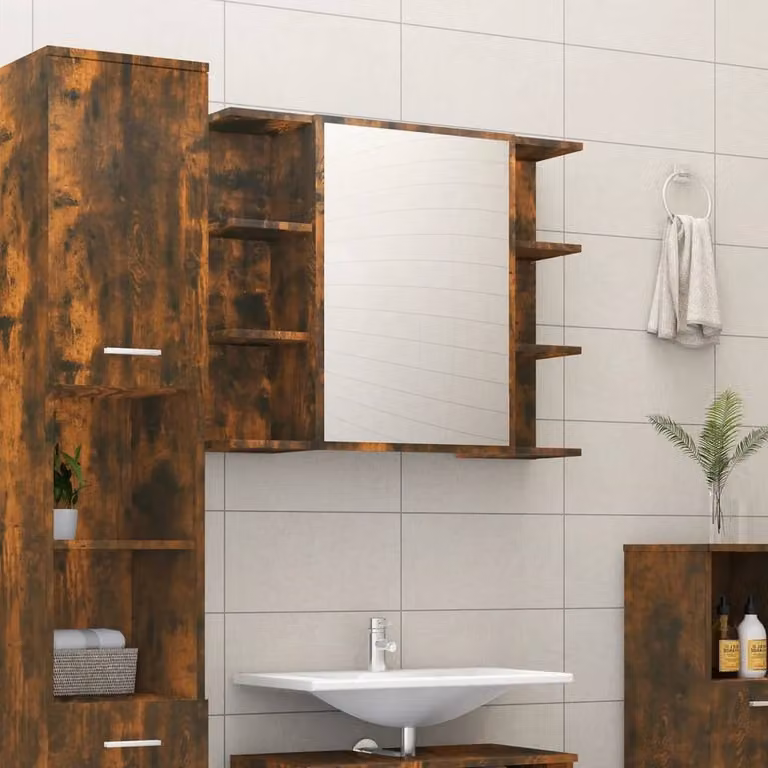 Berkfield Home Smoked Oak Bathroom Mirror Cabinet, Brown, W/D/H: 80 x 20.5 x 64 cm