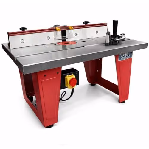 Lumberjack Cast Iron Router Table with One Piece Aluminium Fence and Compact Leg Stand in Red