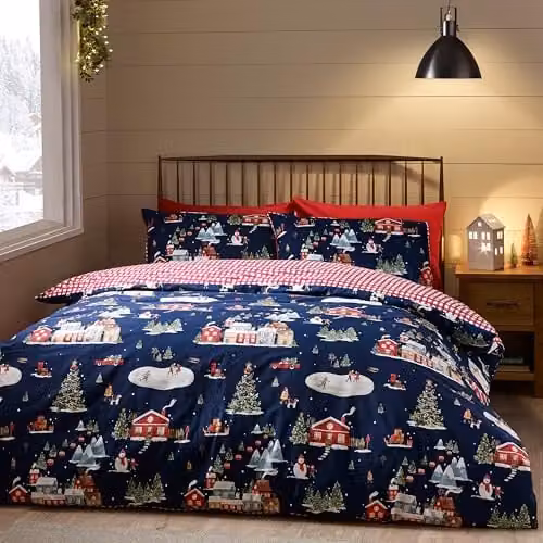 Catherine Lansfield Christmas Ski Village Reversible King Duvet Cover Set with Pillowcases, Blue