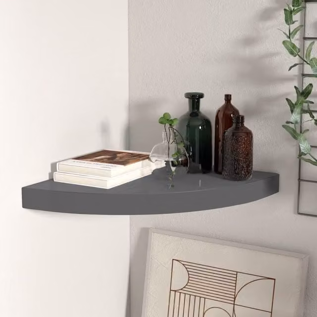 Berkfield Home Floating Corner Shelf in High Gloss Grey, W/D/H: 35 x 35 x 3.8 cm