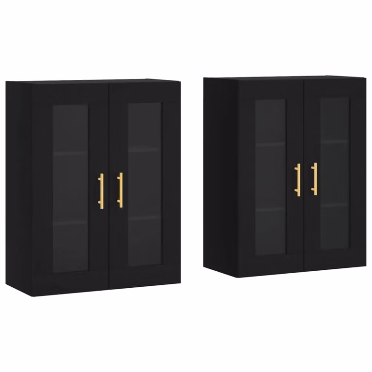 Berkfield Home Set of 2 Black Wall Mounted Cabinets with Glass Doors and Internal Shelves