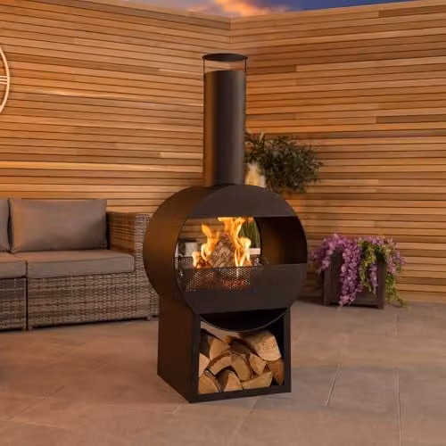 Charles Bentley Black Powder Coated Steel Modern Chiminea for Wood and Charcoal, H 129 x W 55 x D 40 cm
