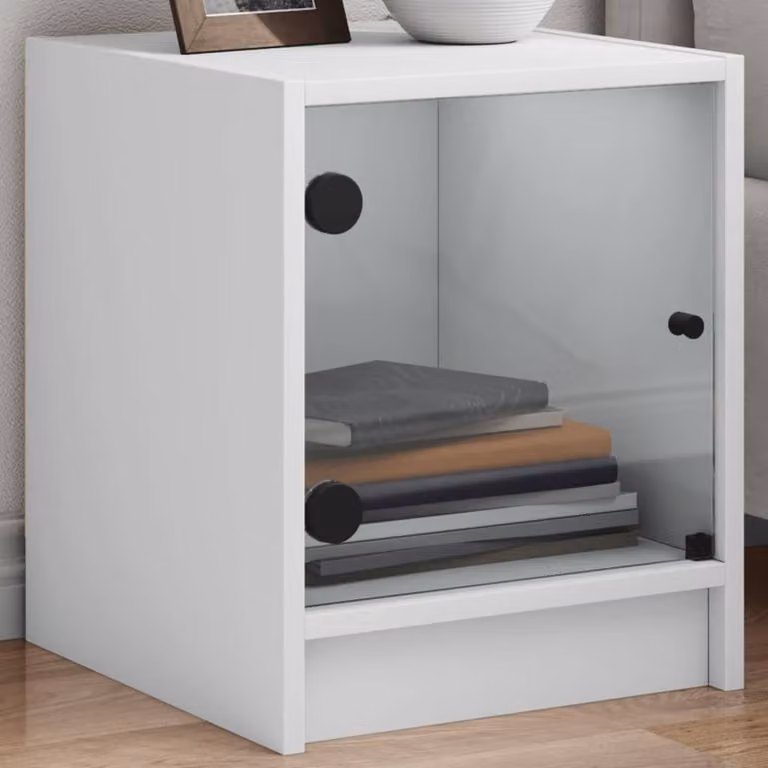 Berkfield Home Elegant Bedside Cabinets with Glass Doors, 2 Pack, White, W/D/H: 35 x 37 x 42 cm