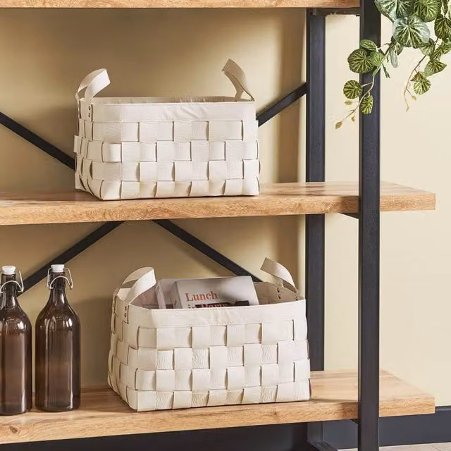 Wyld and Coco Set of 2 Beige Faux Leather Storage Baskets with Handles