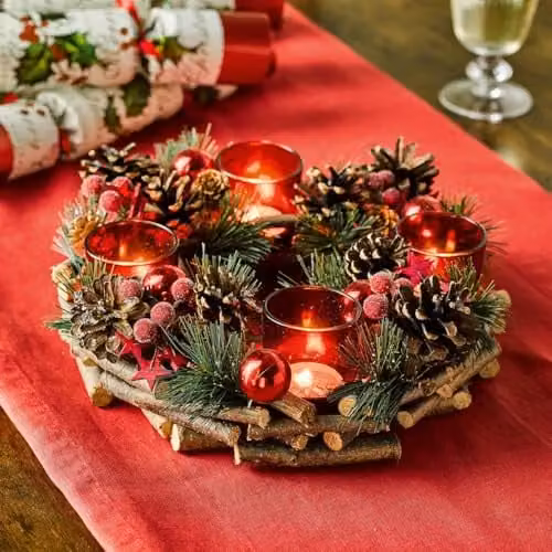 mysmartbuy Festive Red Christmas Candleholder Centrepiece with 4 LED Tealights, H9 x W30 x D30 cm