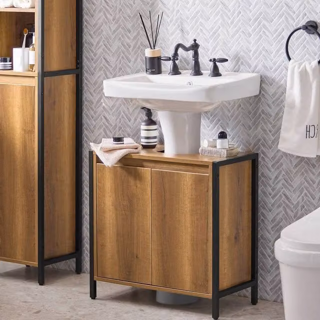 SoBuy Industrial Under Sink Cabinet in Brown and Black with Hinged Doors and Internal Shelves, W: 60 cm, H: 60 cm, D: 60 cm