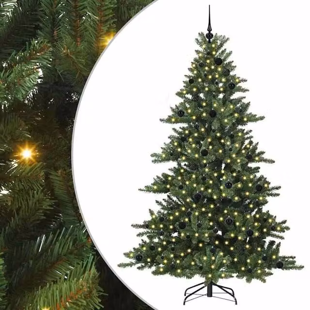 Berkfield Home Artificial Green Hinged Christmas Tree with 300 Warm White LEDs, Height: 210 cm