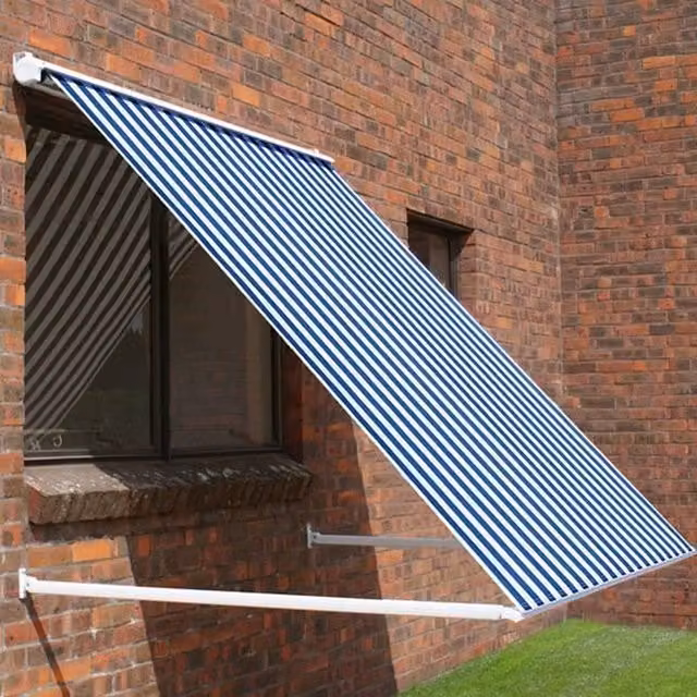 Primrose Blue and White Stripe Drop Arm Window Awning with Half Cassette and Crank Mechanism, Width: 150 cm