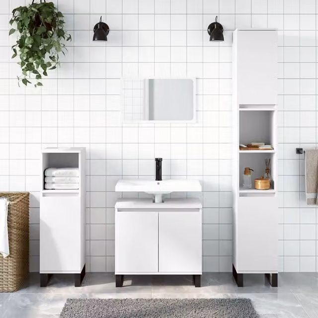 Berkfield Home White Bathroom Cabinet with Hinged Doors and Open Shelf, W/D/H: 30 x 30 x 190 cm