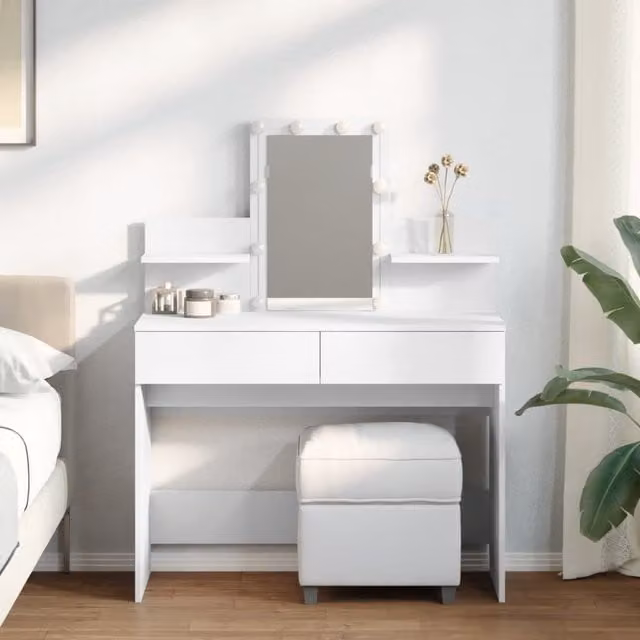 Berkfield Home Hollywood LED Dressing Table in White, W/D/H: 100 x 40 x 130 cm