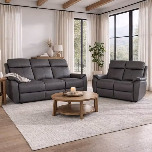 Aspire Kingsmere 3 + 2 Power Recliner Sofa Set in Charcoal Real Leather with USB Charging