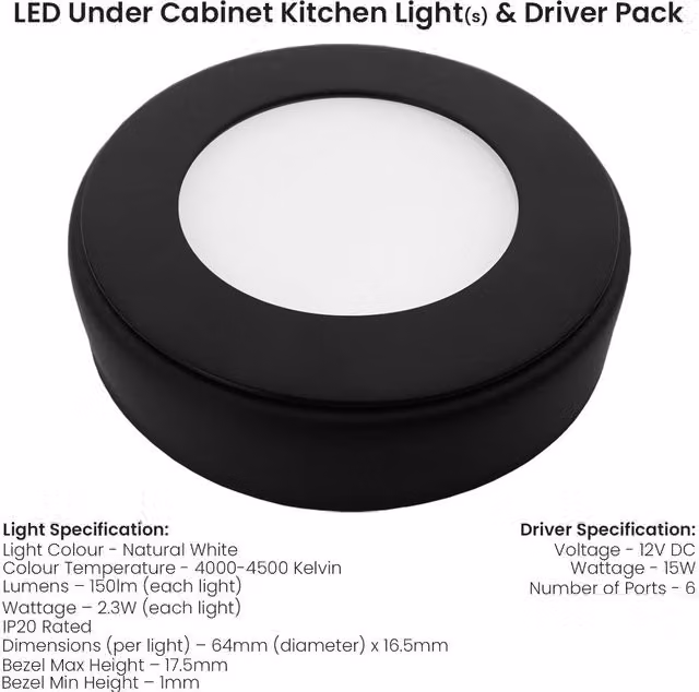 Loops 6-Piece Matt Black Round LED Under Cabinet Kitchen Light and Driver Kit with Natural White Light