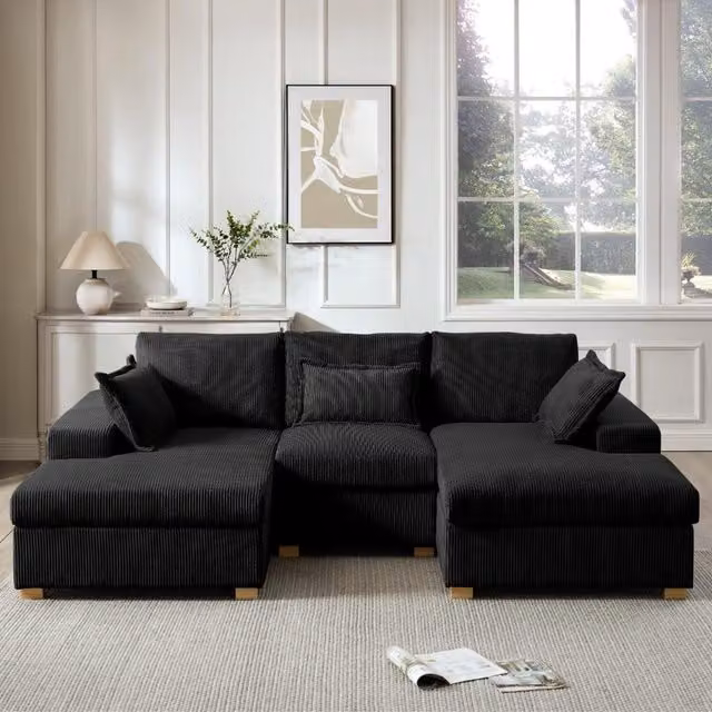 Muriel U-Shaped Reversible Sofa in Black Cord Fabric with Scatter Cushions