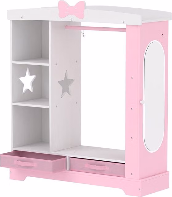 AIYAPLAY Kids Wardrobe with LED Lighted Mirror, Hanging Rail, Internal Shelves and Jewelry Cabinet, Pink