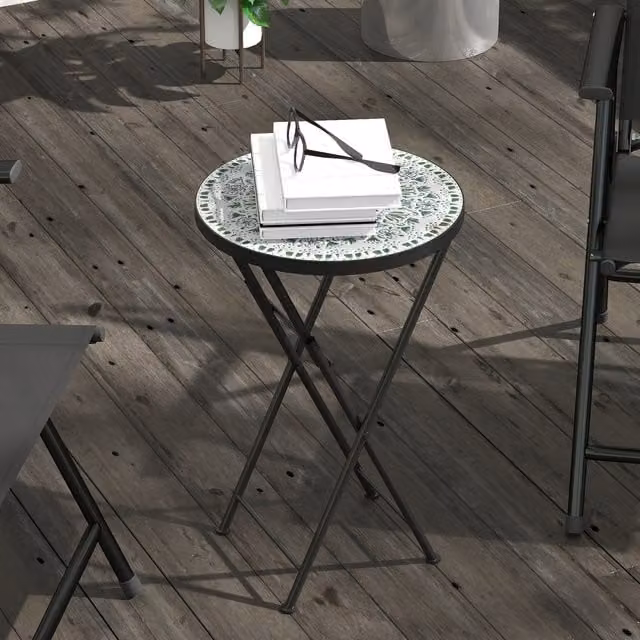 Outsunny Mosaic Garden Folding Coffee Table, Green and Multicolour, Diameter: 35.5 cm