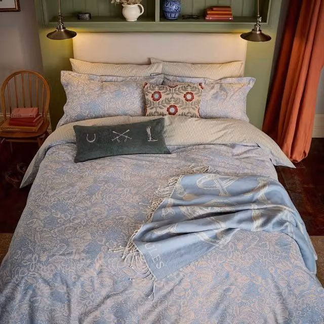 Joules Balmoral Reversible Floral Cotton Percale Single Duvet Cover and Pillowcase Set in Blue and Green, W: 90 cm, L: 200 cm