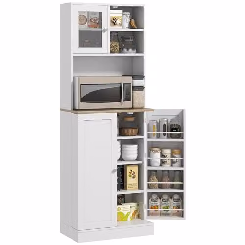 HOMCOM Tall White Kitchen Pantry Storage Cabinet with Glass Doors and Microwave Shelf, H 169 x W 60 x D 35 cm