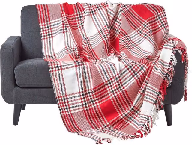 Homescapes Red and Grey Checked Cotton Woven Sofa and Bed Throw, W/D/H: 255 x 360 cm