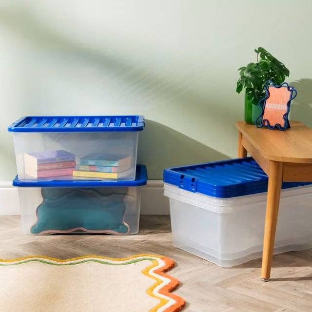 Wham Crystal 45L Stackable Plastic Storage Boxes with Blue Lids, Pack of 5, Transparent