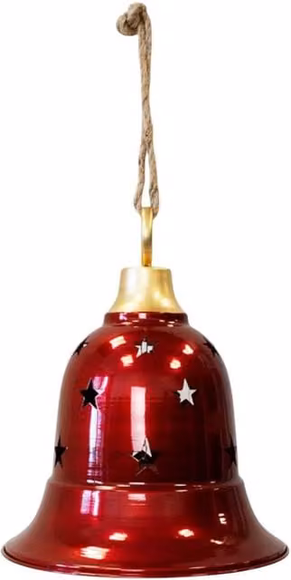 Four Candle Large Glossy Red and Gold Metal Christmas Bell Pendant with Star Cutout Detail