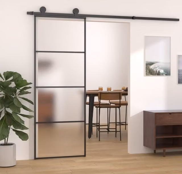 Berkfield Home Modern Black Sliding Door with Frosted ESG Glass and Aluminium, W: 76 cm, H: 205 cm