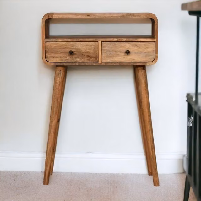 Aosom UK Narrow Mango Wood Console Table and Bedside Cabinet with 2 Drawers and Open Slot in Brown