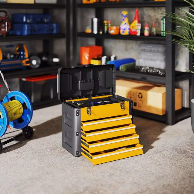 HOMCOM Large 4-Drawer Steel Toolbox with Handle, Yellow, W/D/H: 49.7 x 40.7 x 25.3 cm