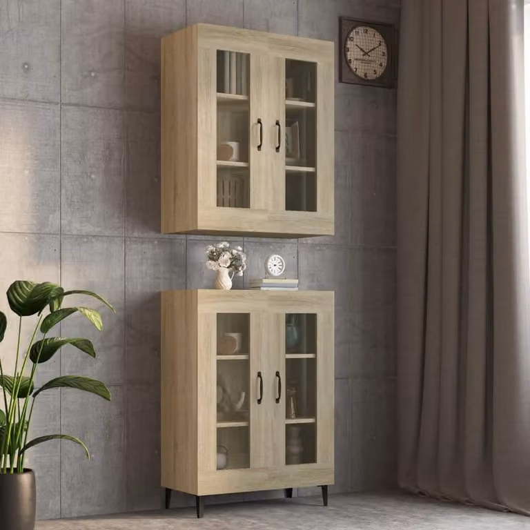 Berkfield Home Hanging Wall Cabinet in Sonoma Oak and Beige with Glass Doors, W/D/H: 69.5 x 34 x 90 cm
