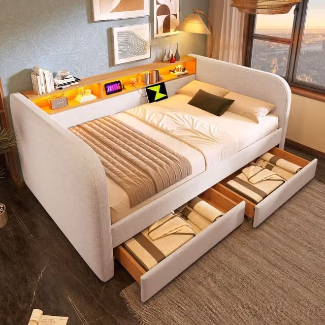 Aosom UK Modern Curved Beige Upholstered Sofa Bed with 2 Drawers and LED Lighting, L: 197.5 cm, W: 107 cm, H: 70 cm