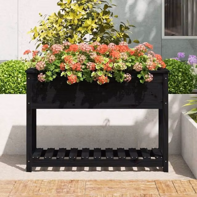 Berkfield Home Black Solid Wood Pine Planter with Shelf, W: 111.5 cm, D: 54 cm, H: 81 cm