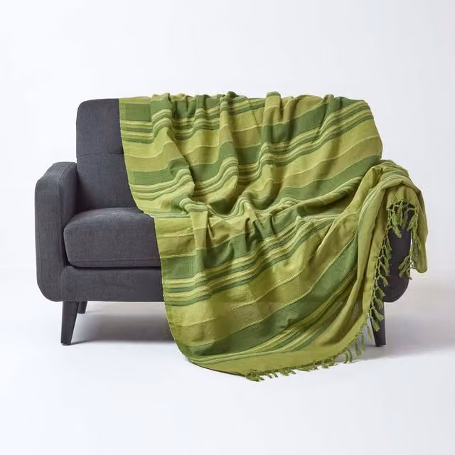 Homescapes Green Moroccan Striped Woven Cotton Throw, W: 255 cm, L: 360 cm