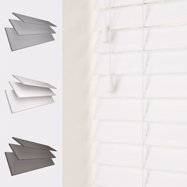 Caecus Blinds Faux Wood String Venetian Blinds with 50mm Slats, White, W: 120 cm, H: 165 cm
