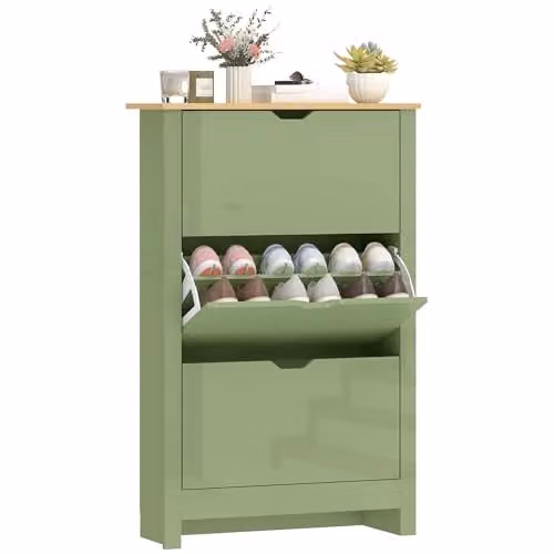 HOMCOM Green Slim Shoe Storage Cabinet with Tilting Compartments and Internal Shelves, W/D/H: 72 x 26 x 112 cm
