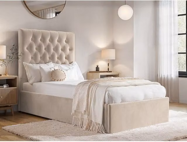 Flair Milan Single Velvet Ottoman Bed in Beige, H 101.0 x W 90 x D 206.0 cm
