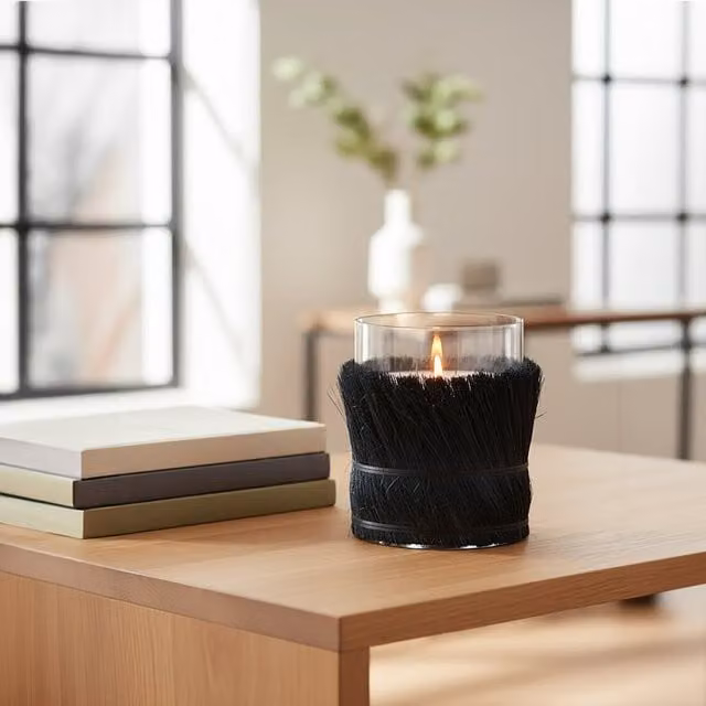 Orsina Modern Round Black Glass and Rattan Tabletop Candle Holder