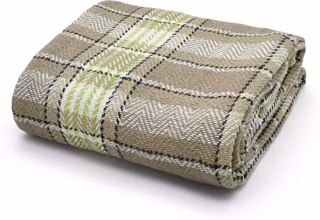 Velosso Woven Cotton Checked Throw with Fringes in Natural and Green, W: 228 cm