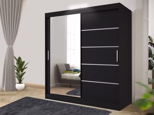 RAC3 Modern Black Matt Sliding Door Wardrobe with Mirror, Integrated LED Lighting and Drawers, Width: 203 cm