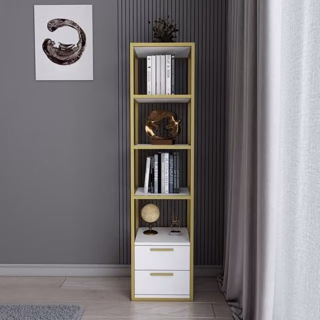 Robbins Minimalist 4-Tier MDF Bookshelf with Cabinets in White and Gold