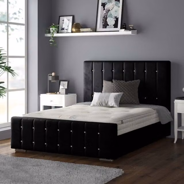 IH Design Anastasia Striped Upholstered Plush Velvet Single Bed Frame in Black