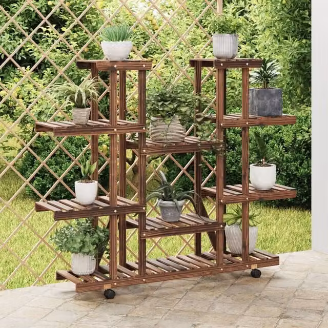 Berkfield Home Retro Flower Stand with Wheels in Brown Solid Wood, W/D/H: 110 x 25 x 115 cm