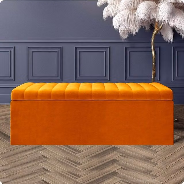 Safar Striped Plush Velvet Ottoman Storage Box and End of Bed Bench in White and Burnt Orange
