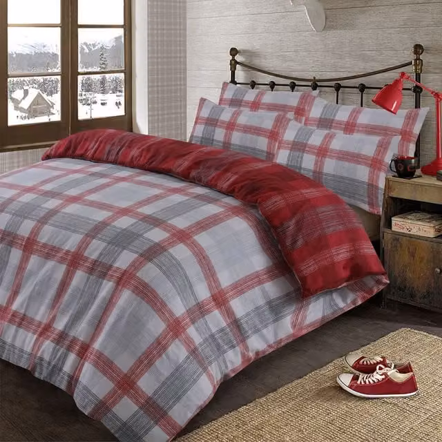 OHS Dreamscene Red Checked Flannelette Duvet Cover and Pillowcase Bedding Set, W/D/H: 200 x 200 cm