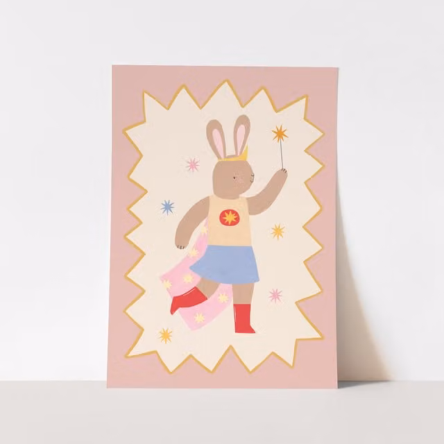 Kid of the Village Star Bunny Superhero Pink Fine Art Paper Poster, W: 50 cm, H: 70 cm